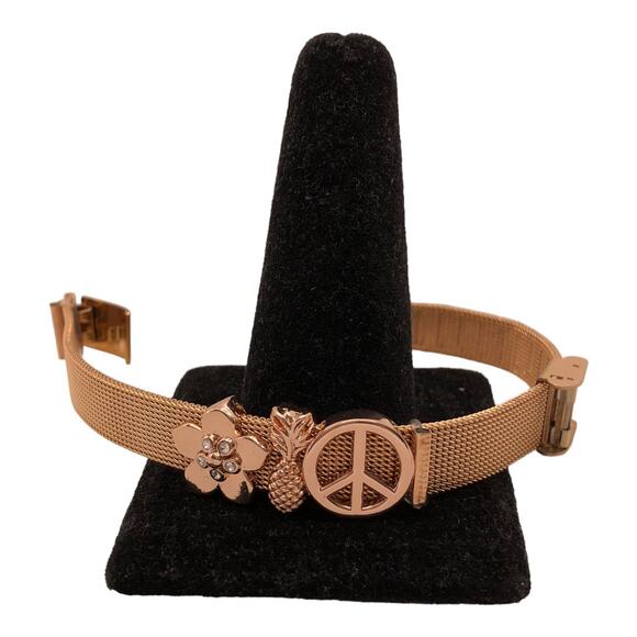 Aphrodite NIB Rose Gold Mesh Charm Bracelet Peace Sign, Pineapple, Flower Charms - Picture 1 of 16